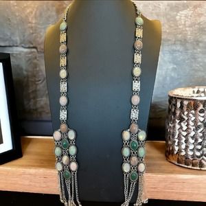 Vintage Lariat Scarf Necklace Cabochon Faux Gemstones Silver Tone Curb Chain